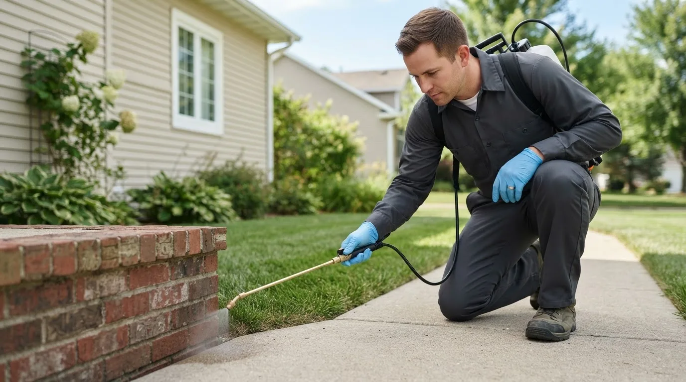 Pest control technician treating a home near Peru, KS