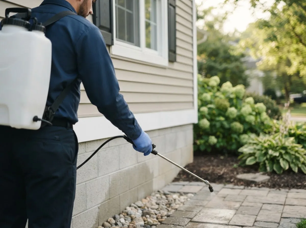 Pest control technician inspecting a home in Peru, KS